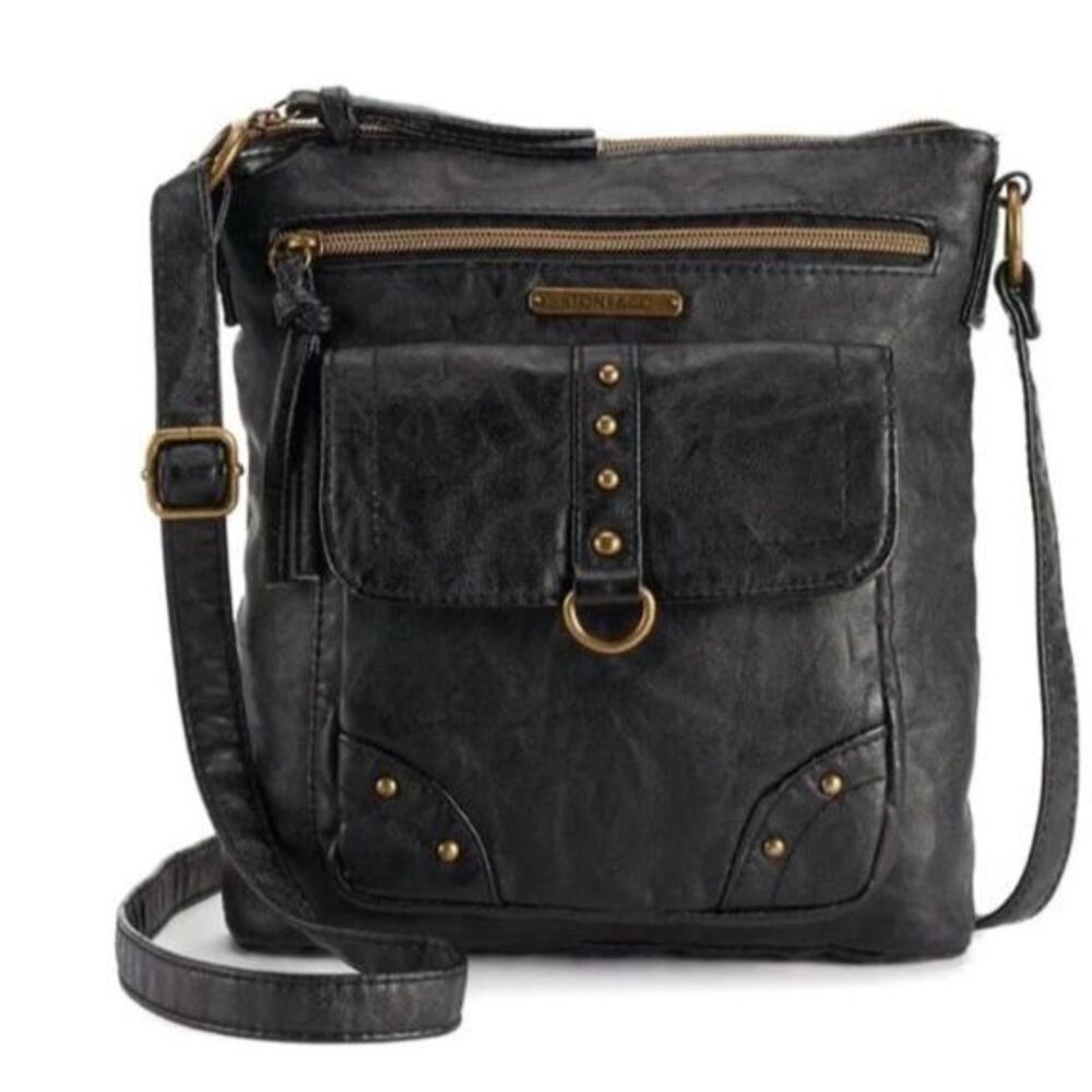 Stone Mountain Womens Black Faux Leather Flap Front Shoulder Crossbody Bag